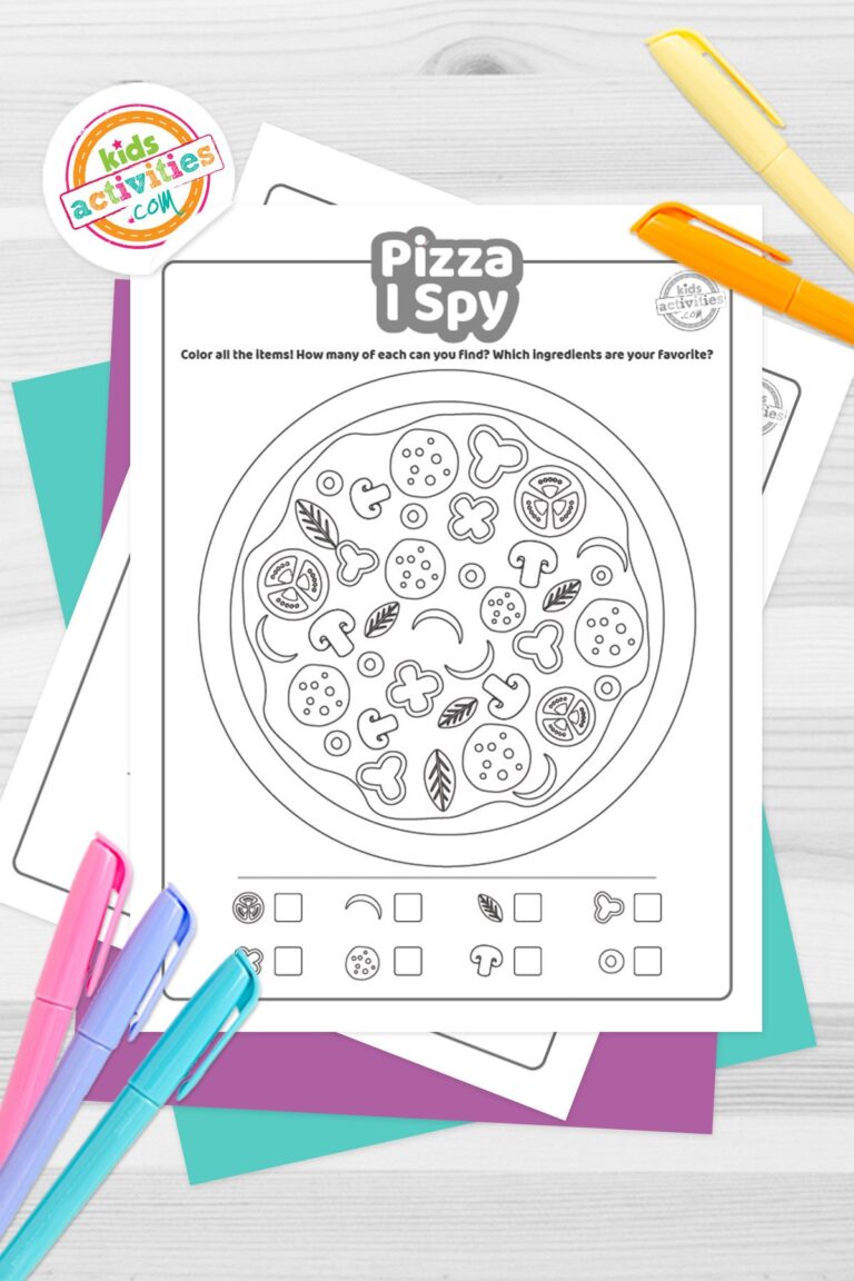 Black and white I spy worksheet printables on top of blue-green and purple sheets with assorted markers on a dark grey background. printed pdf version from Kids activities blog.