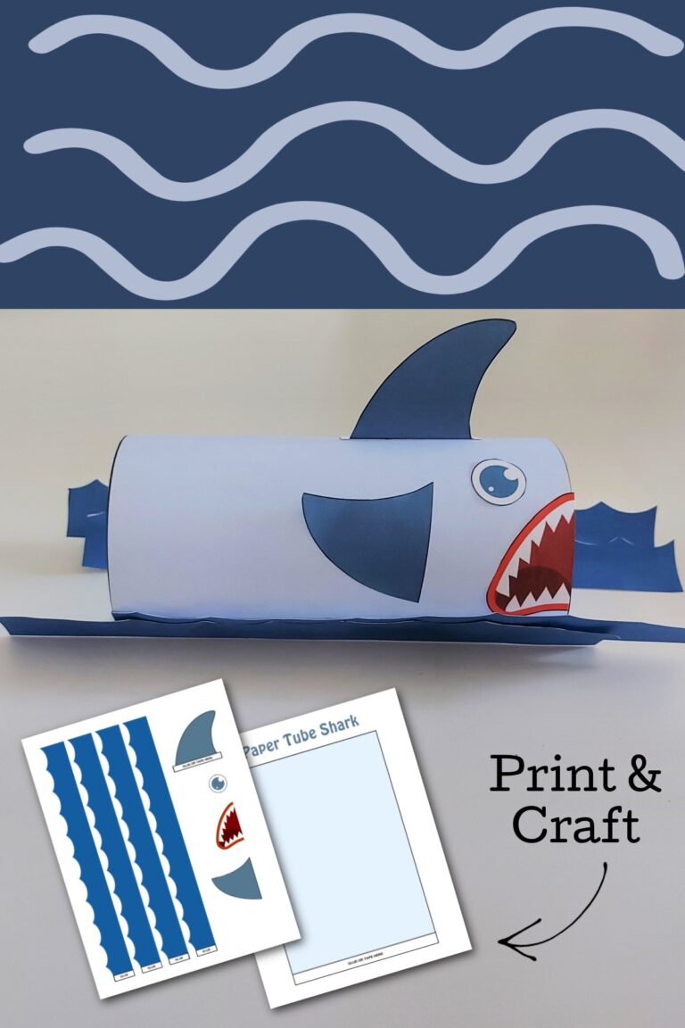 Finished paper tube shark craft with printable craft templates shown